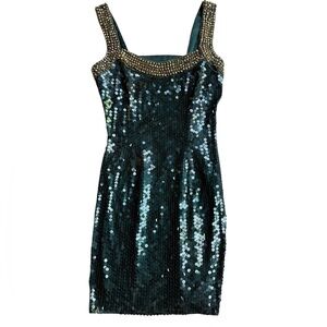 Niteline Vintage Y2K Dress Sz. 4 Green Sequin Strappy Back Mini Showgirl
